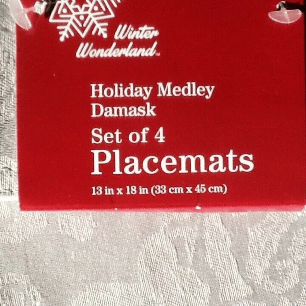 4 new Holiday Medley Silver-Gray Damask Fabric Placemats (each is 13x18 inches)